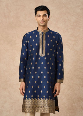 Manyavar Men Dark Blue Art Silk Kurta Pajama with Self-Texture