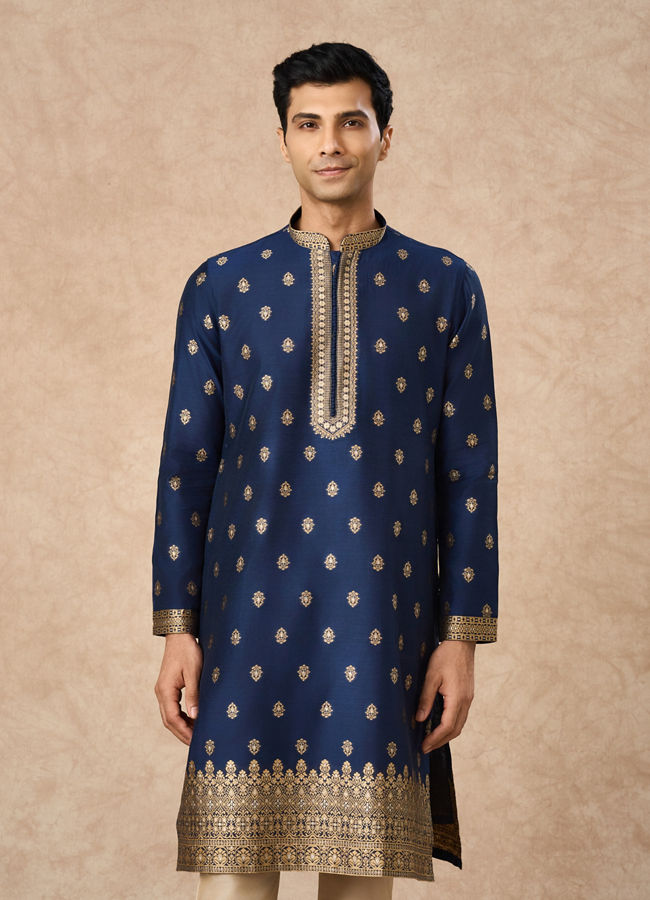 Manyavar Men Dark Blue Art Silk Kurta Pajama with Self-Texture