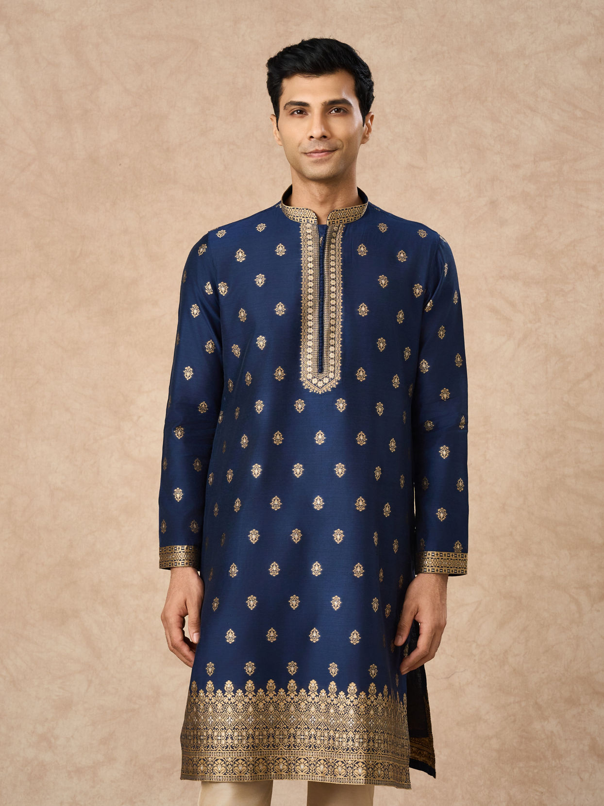 Manyavar Men Dark Blue Art Silk Kurta Pajama with Self-Texture