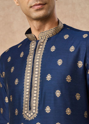 Manyavar Men Dark Blue Art Silk Kurta Pajama with Self-Texture