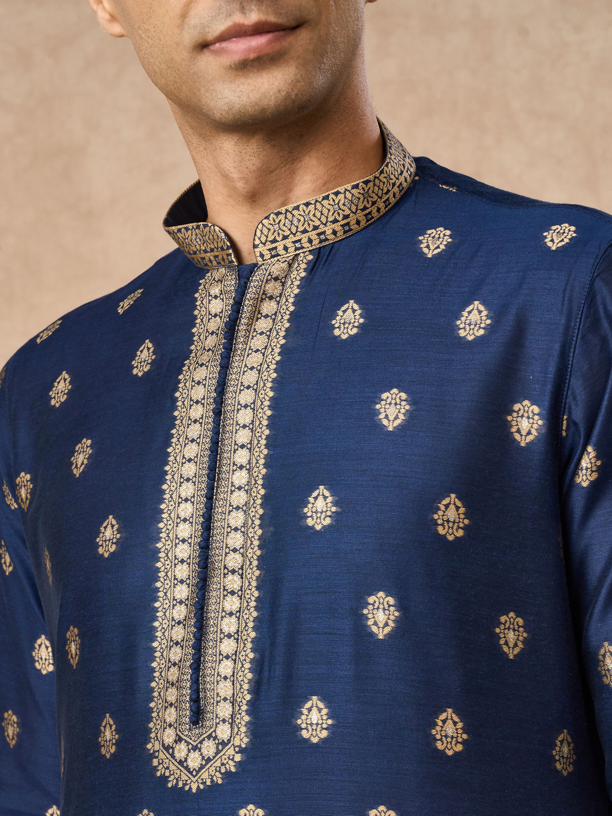 Manyavar Men Dark Blue Art Silk Kurta Pajama with Self-Texture