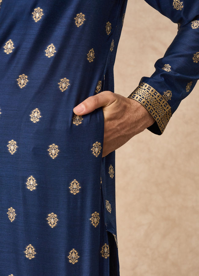 Manyavar Men Dark Blue Art Silk Kurta Pajama with Self-Texture