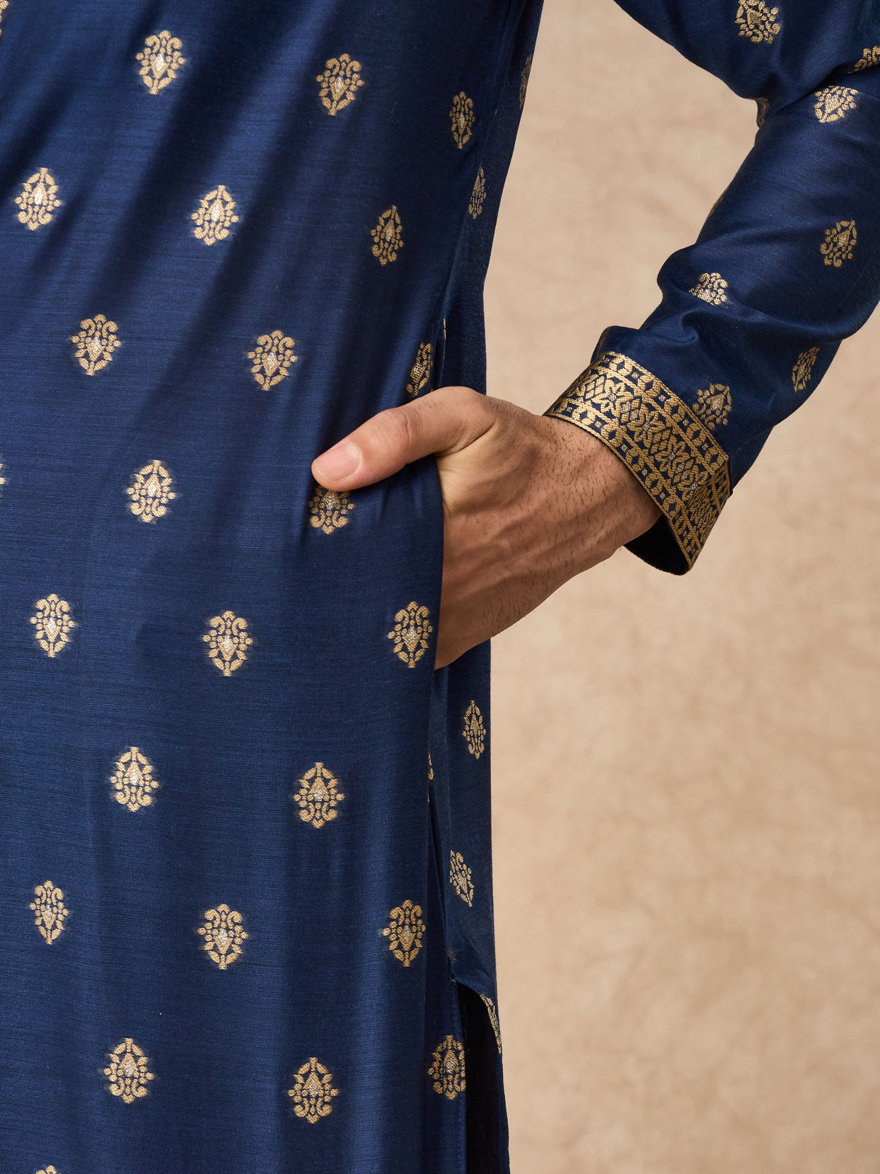 Manyavar Men Dark Blue Art Silk Kurta Pajama with Self-Texture