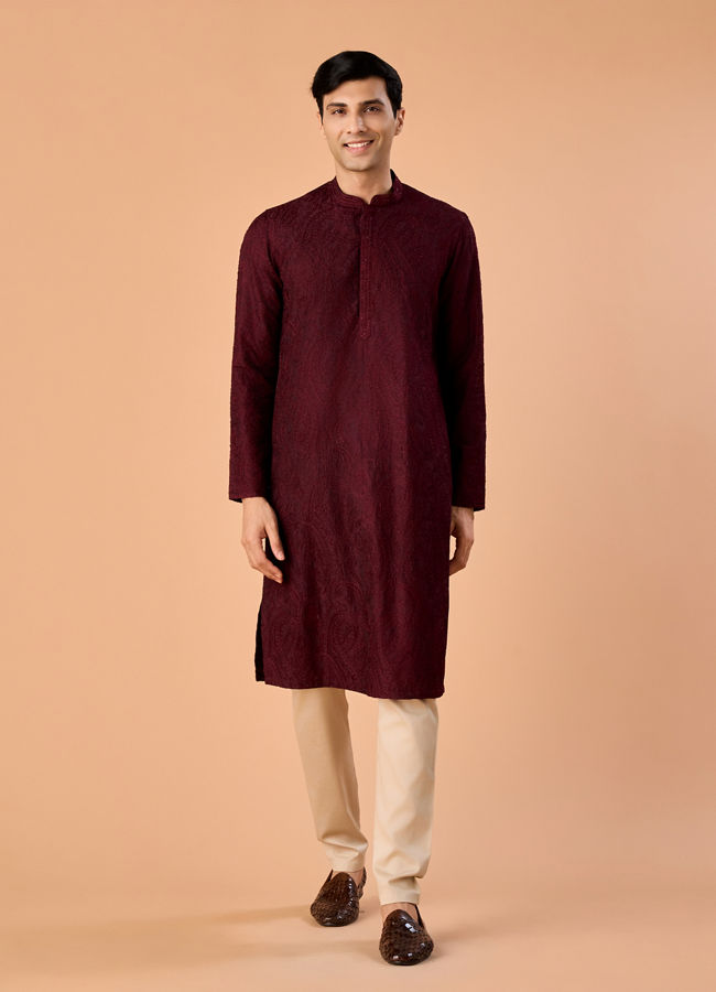 Manyavar Men Wine Embroidered Kurta Pajama Set
