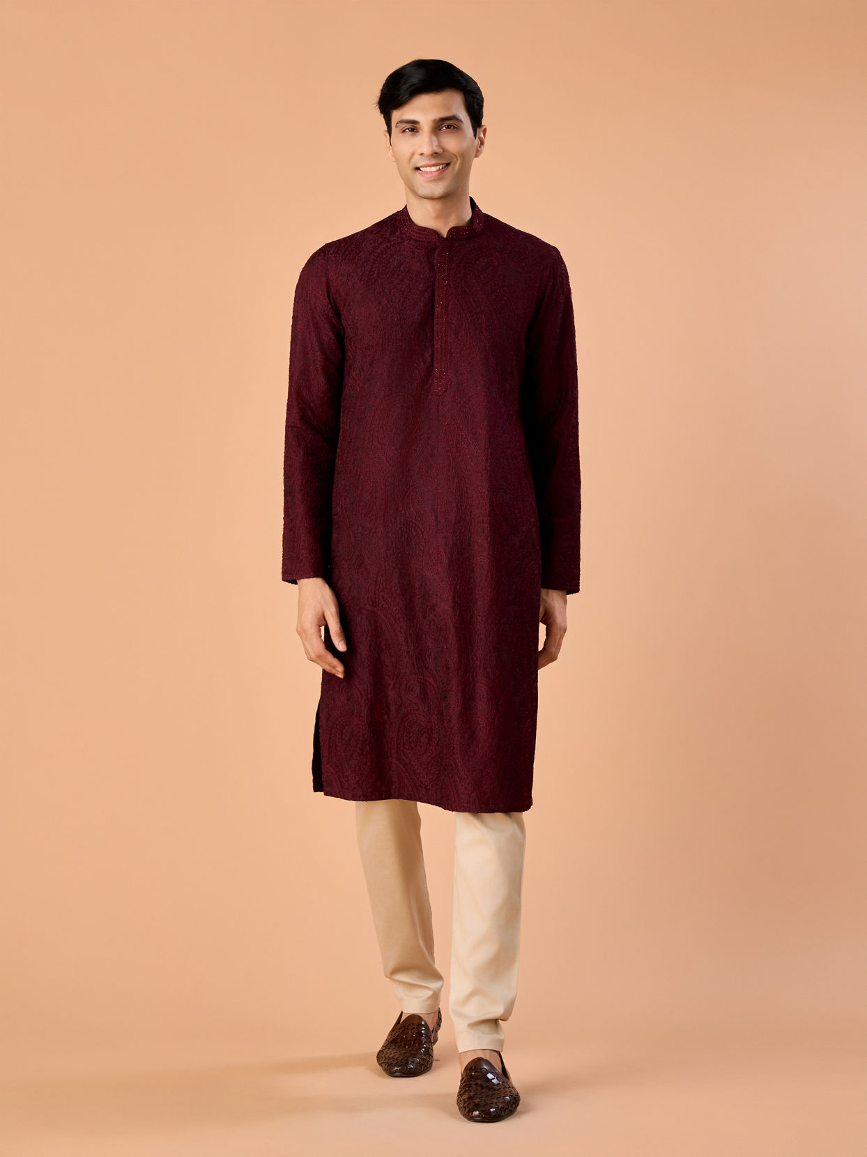Manyavar Men Wine Embroidered Kurta Pajama Set