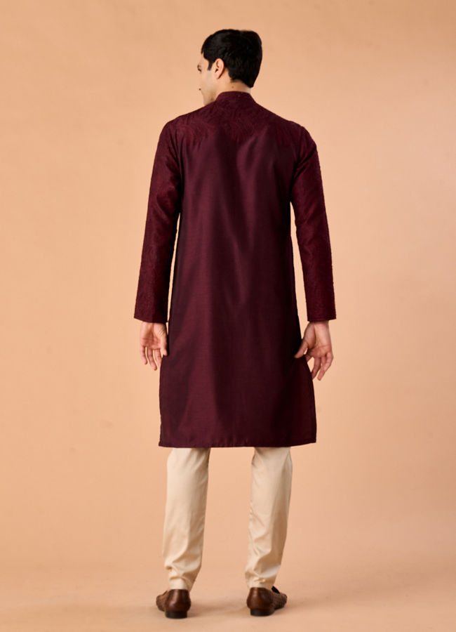 Manyavar Men Wine Embroidered Kurta Pajama Set
