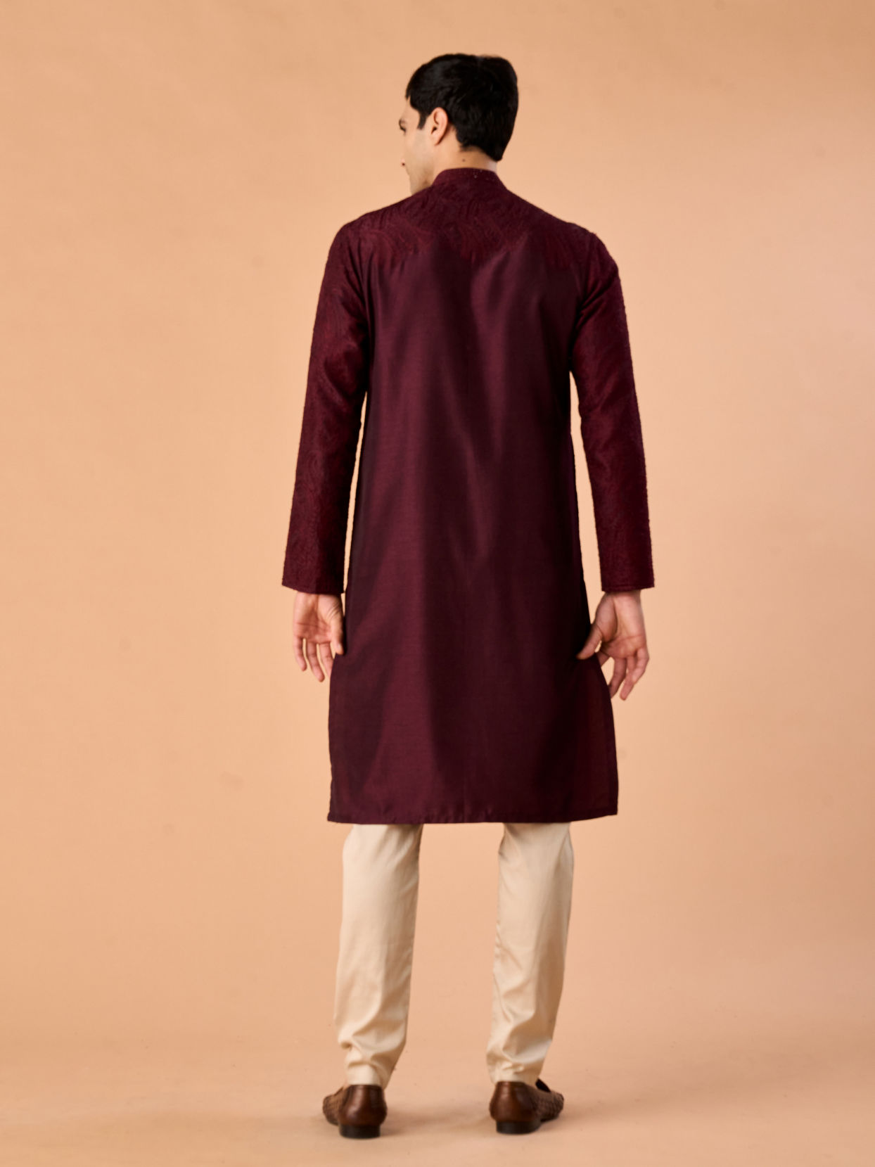Manyavar Men Wine Embroidered Kurta Pajama Set