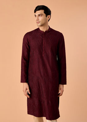 Manyavar Men Wine Embroidered Kurta Pajama Set