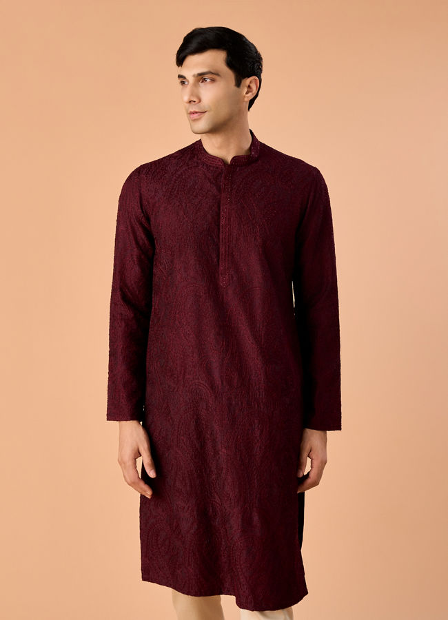 Manyavar Men Wine Embroidered Kurta Pajama Set