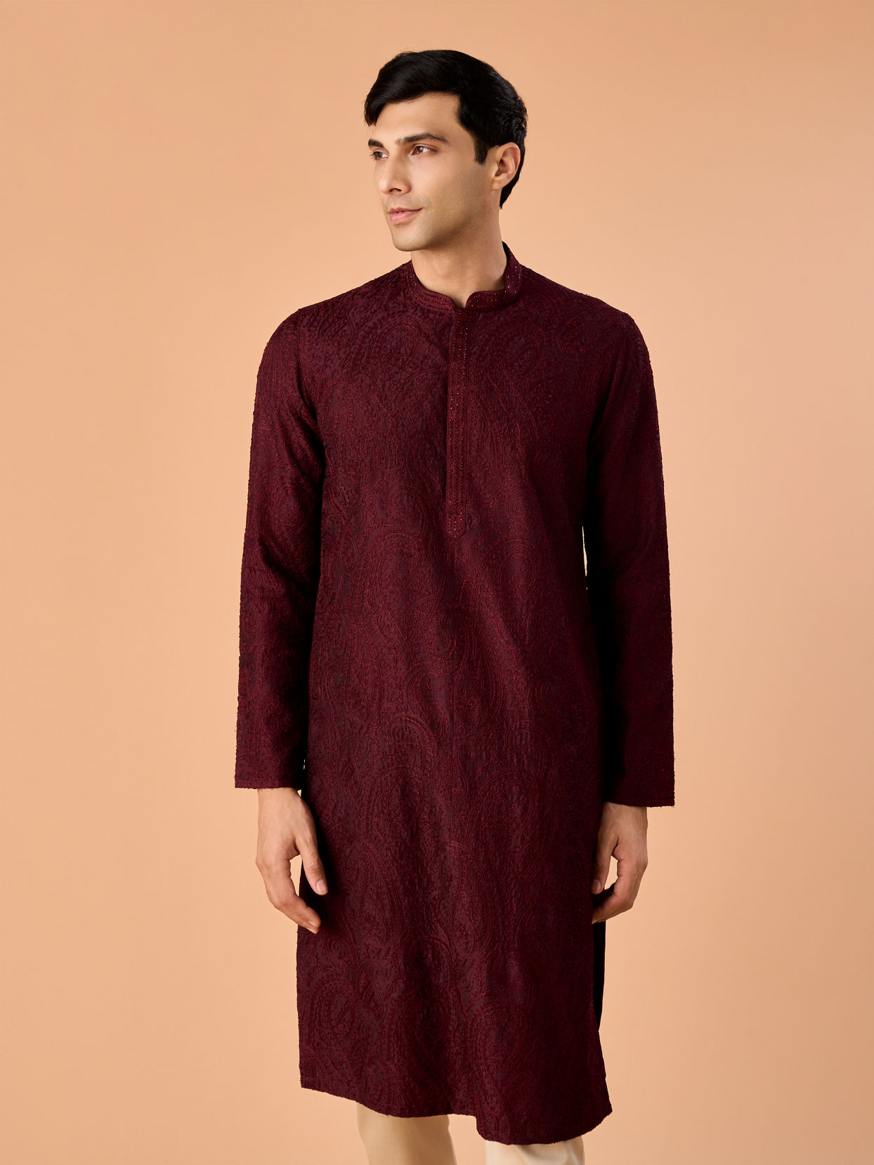 Manyavar Men Wine Embroidered Kurta Pajama Set