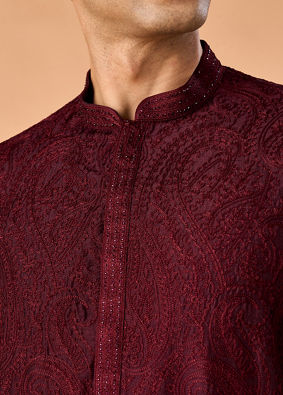 Manyavar Men Wine Embroidered Kurta Pajama Set
