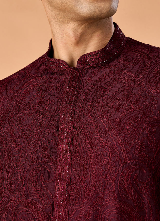 Manyavar Men Wine Embroidered Kurta Pajama Set