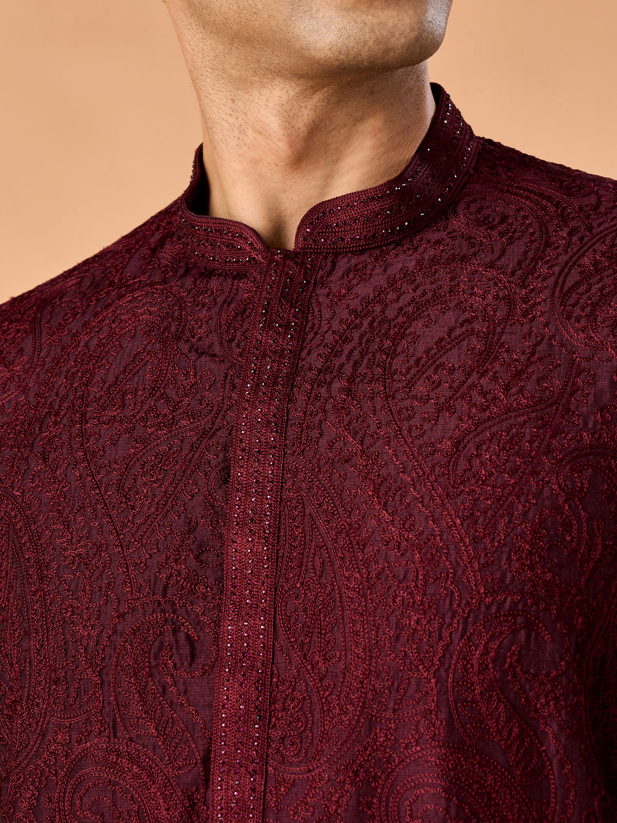 Manyavar Men Wine Embroidered Kurta Pajama Set