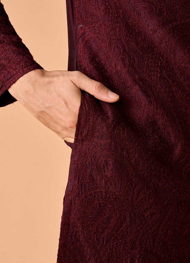 Manyavar Men Wine Embroidered Kurta Pajama Set