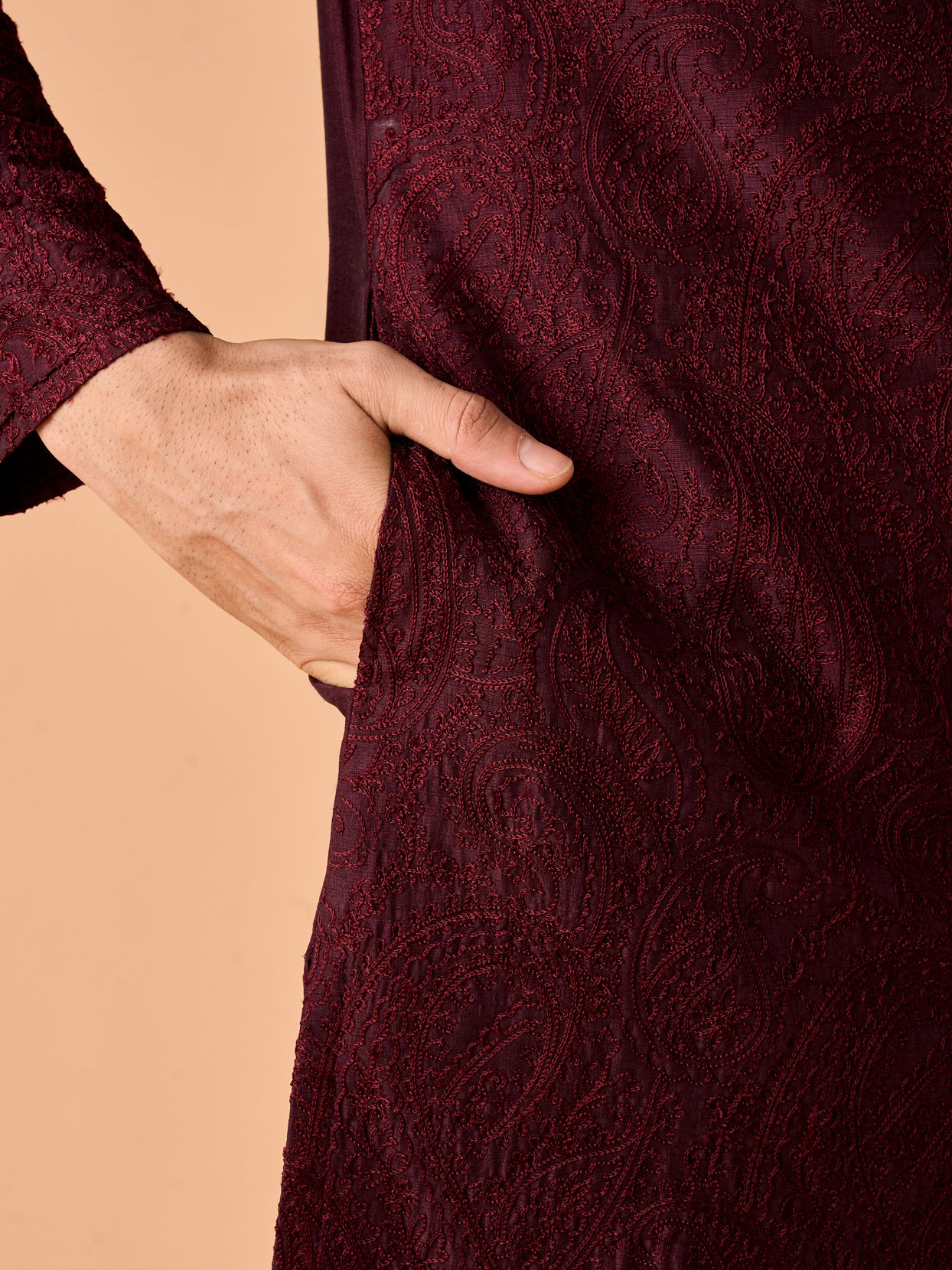Manyavar Men Wine Embroidered Kurta Pajama Set