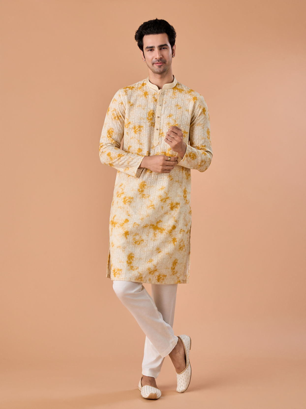 Manyavar Men Radiant Yellow Cotton Kurta Pajama Set