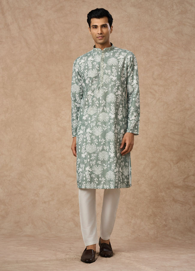 Manyavar Men Light Mid Green Blended Cotton Printed Kurta Pajama