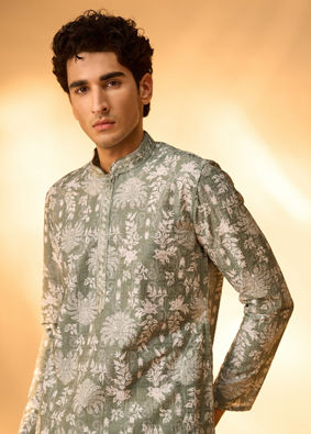 Manyavar Men Light Mid Green Blended Cotton Printed Kurta Pajama