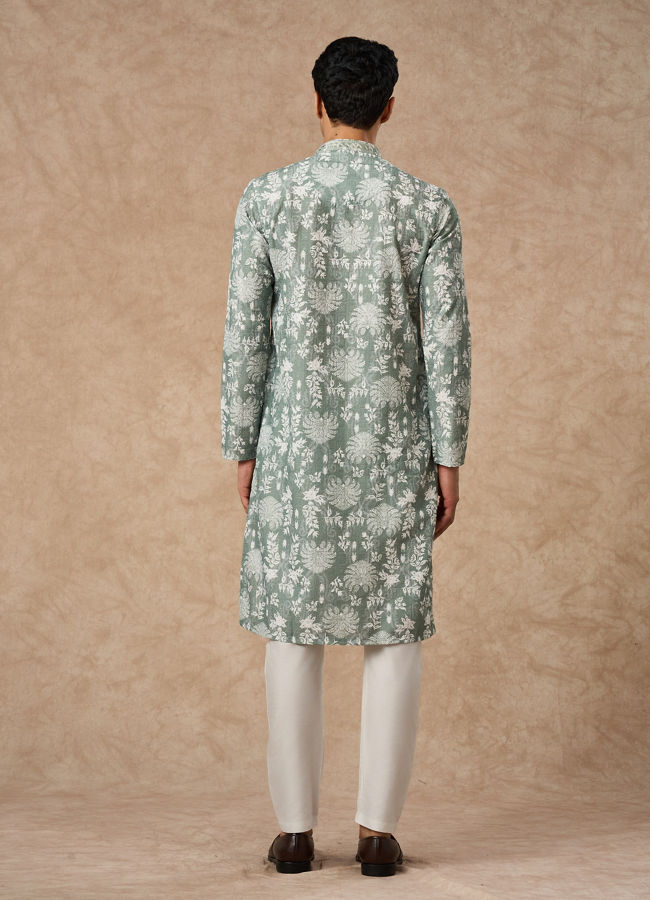 Manyavar Men Light Mid Green Blended Cotton Printed Kurta Pajama