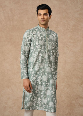 Manyavar Men Light Mid Green Blended Cotton Printed Kurta Pajama
