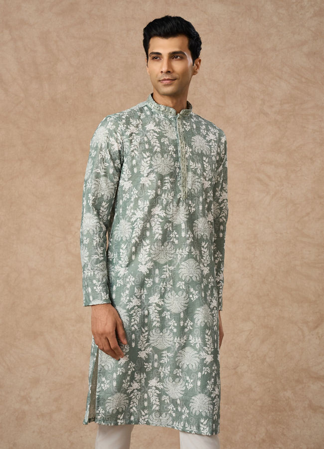 Manyavar Men Light Mid Green Blended Cotton Printed Kurta Pajama