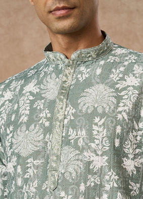 Manyavar Men Light Mid Green Blended Cotton Printed Kurta Pajama
