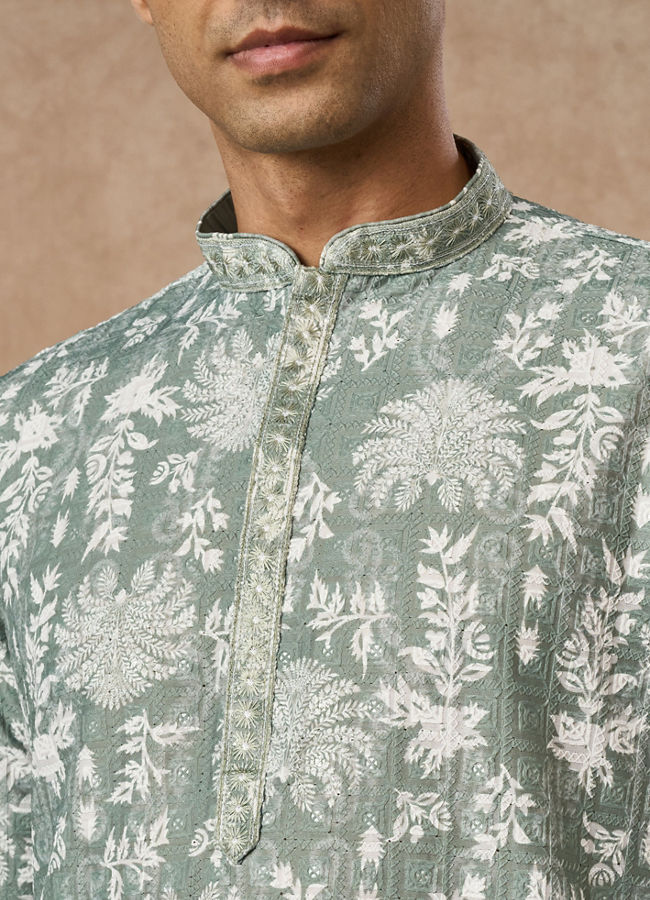 Manyavar Men Light Mid Green Blended Cotton Printed Kurta Pajama
