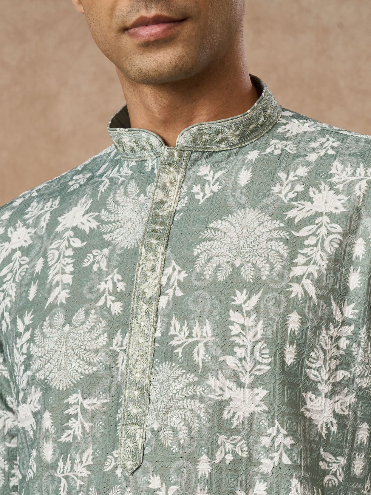 Manyavar Men Light Mid Green Blended Cotton Printed Kurta Pajama