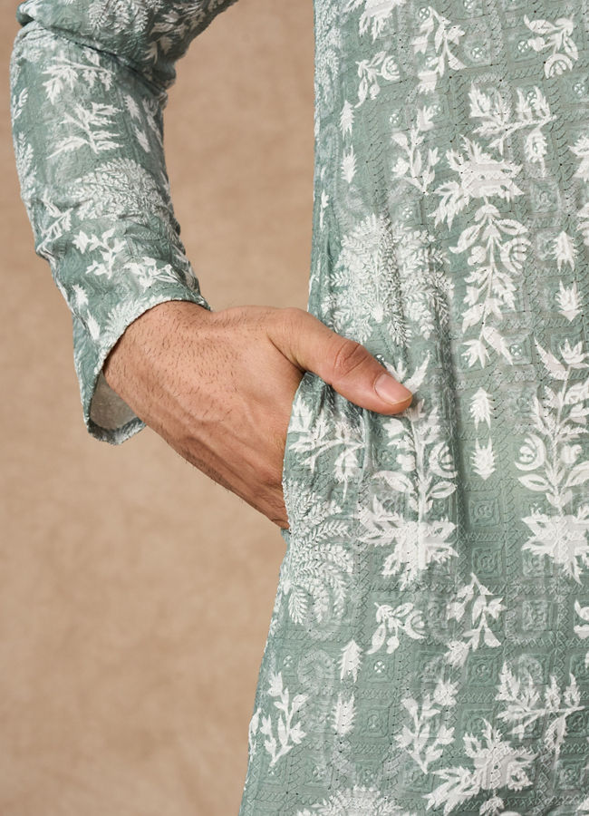 Manyavar Men Light Mid Green Blended Cotton Printed Kurta Pajama