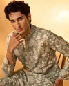 Manyavar Men Light Mid Green Blended Cotton Printed Kurta Pajama