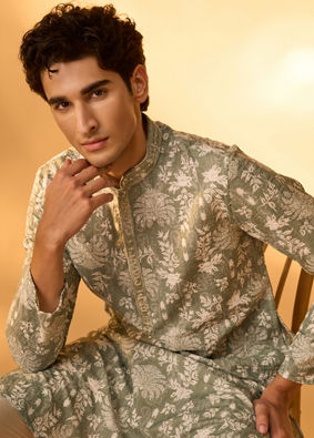 Manyavar Men Light Mid Green Blended Cotton Printed Kurta Pajama