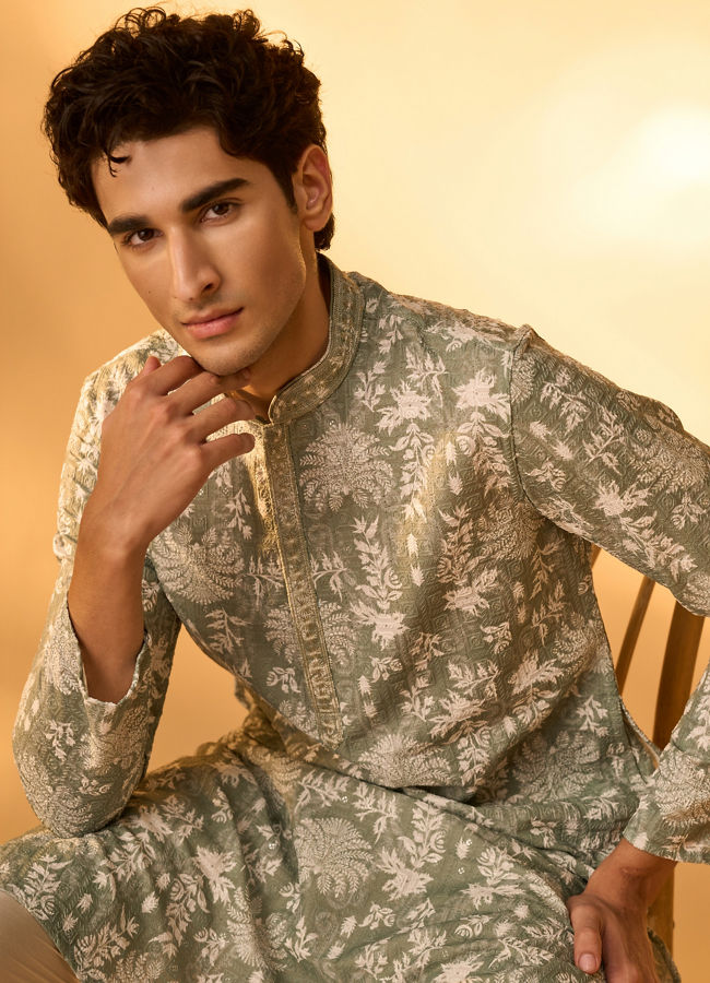 Manyavar Men Light Mid Green Blended Cotton Printed Kurta Pajama