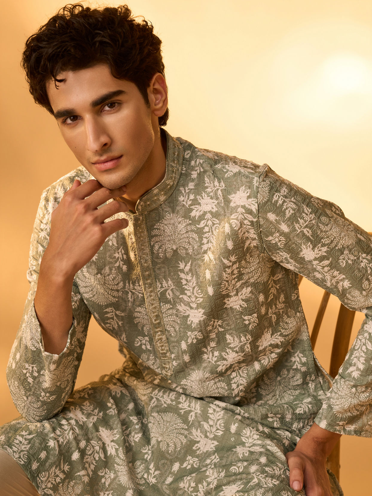 Manyavar Men Light Mid Green Blended Cotton Printed Kurta Pajama
