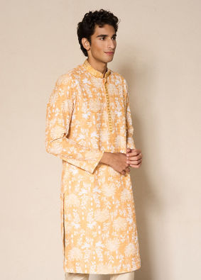 Manyavar Men Mustard Blended Cotton Kurta Pajama with Print