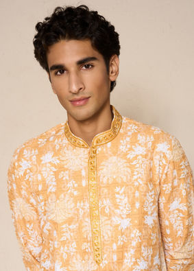 Manyavar Men Mustard Blended Cotton Kurta Pajama with Print