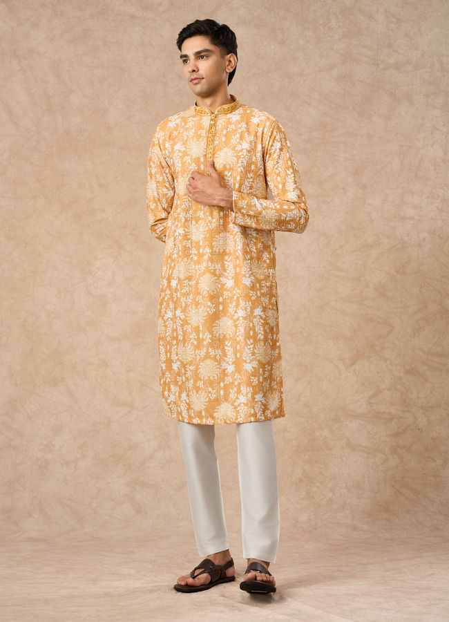 Manyavar Men Mustard Blended Cotton Kurta Pajama with Print