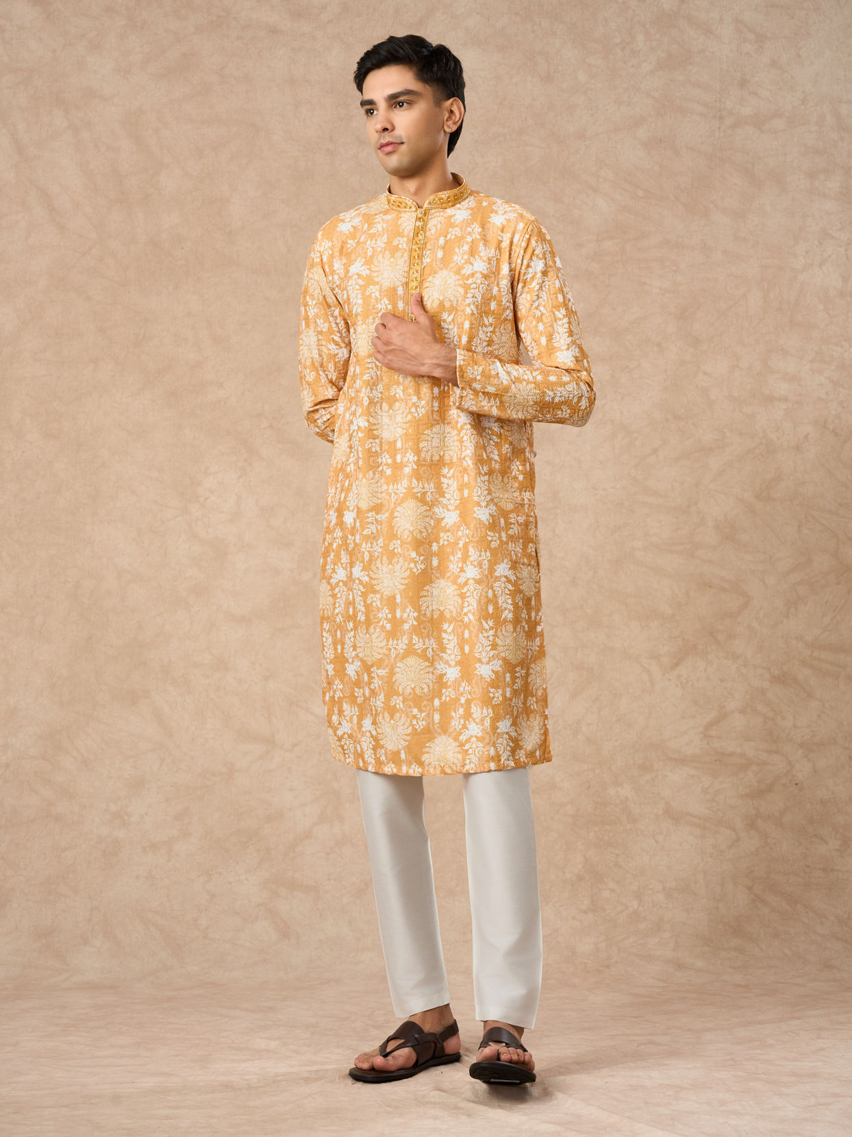 Manyavar Men Mustard Blended Cotton Kurta Pajama with Print