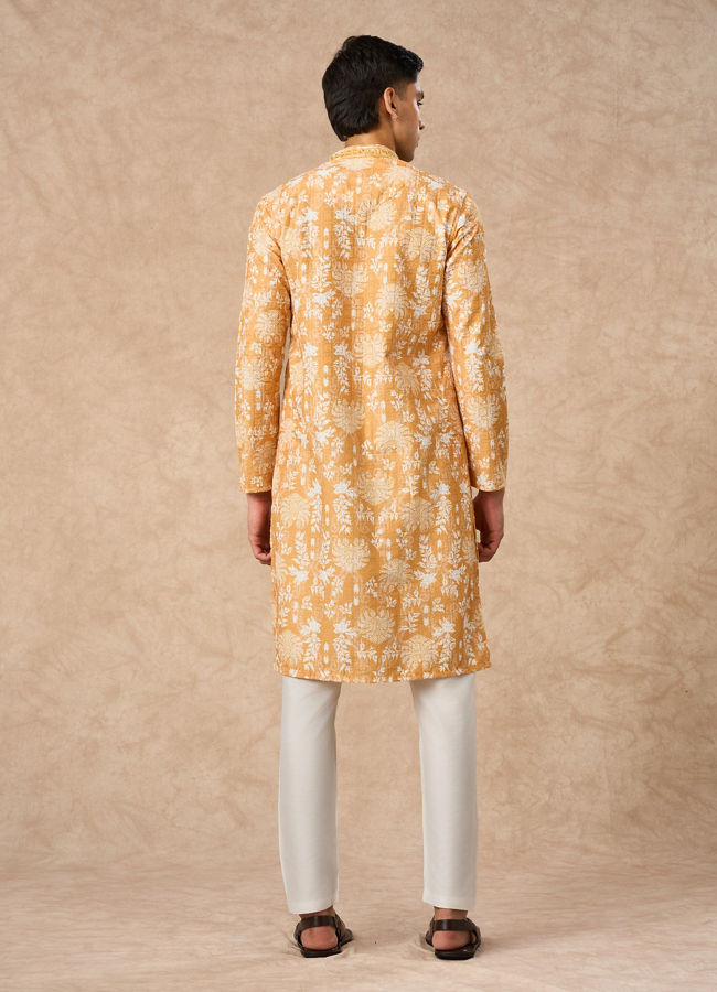 Manyavar Men Mustard Blended Cotton Kurta Pajama with Print