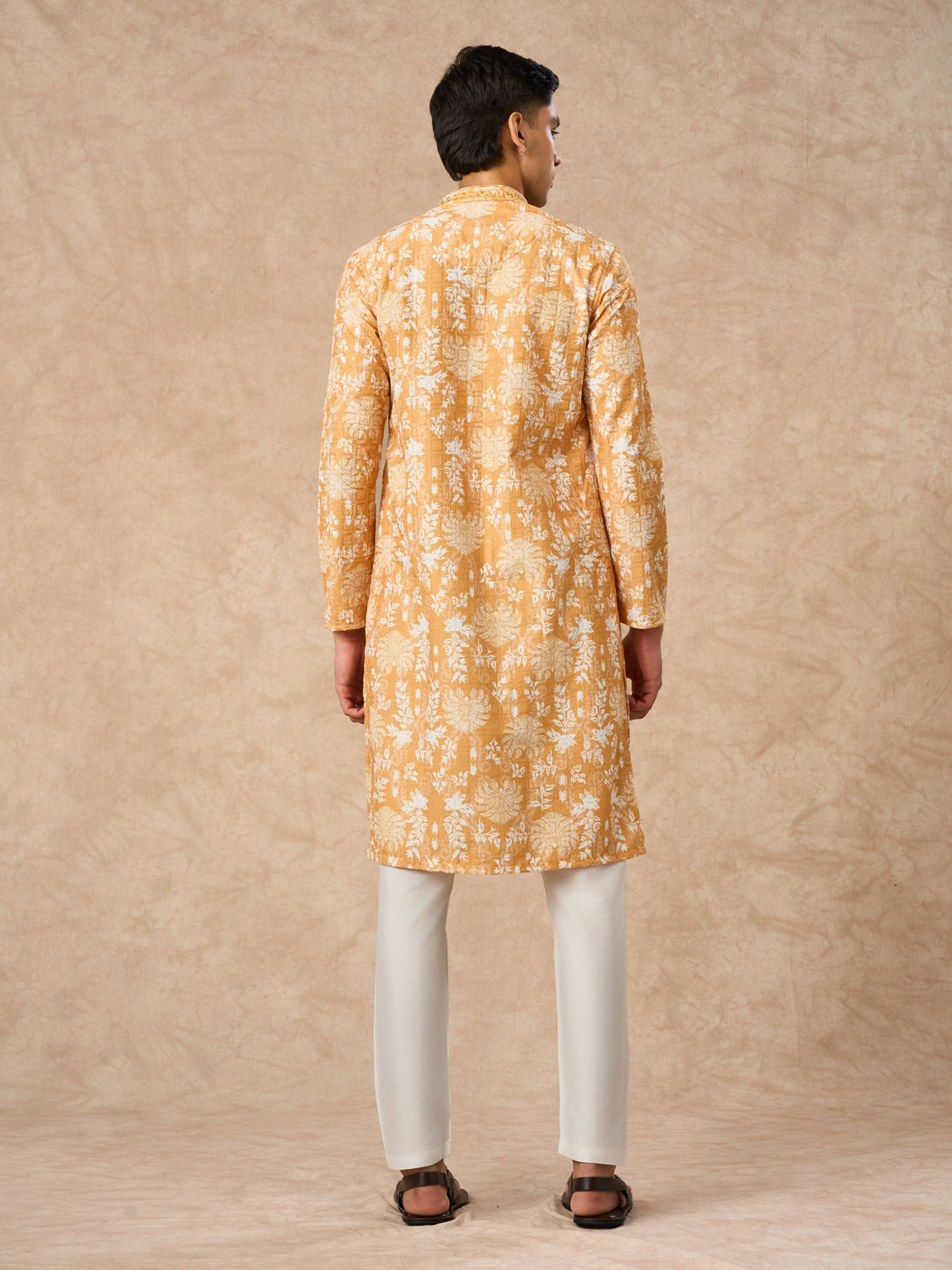 Manyavar Men Mustard Blended Cotton Kurta Pajama with Print