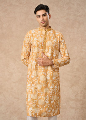 Manyavar Men Mustard Blended Cotton Kurta Pajama with Print