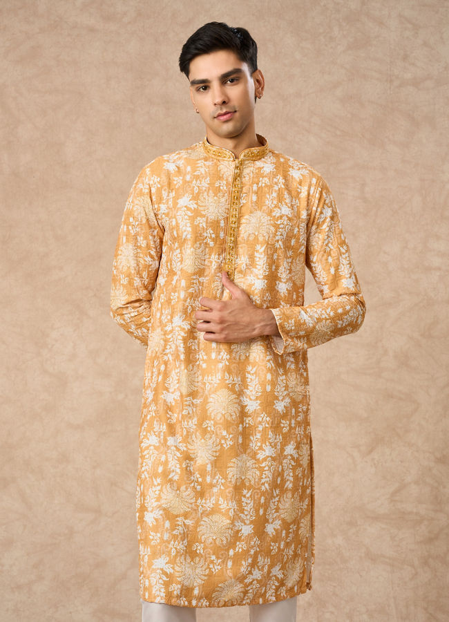 Manyavar Men Mustard Blended Cotton Kurta Pajama with Print
