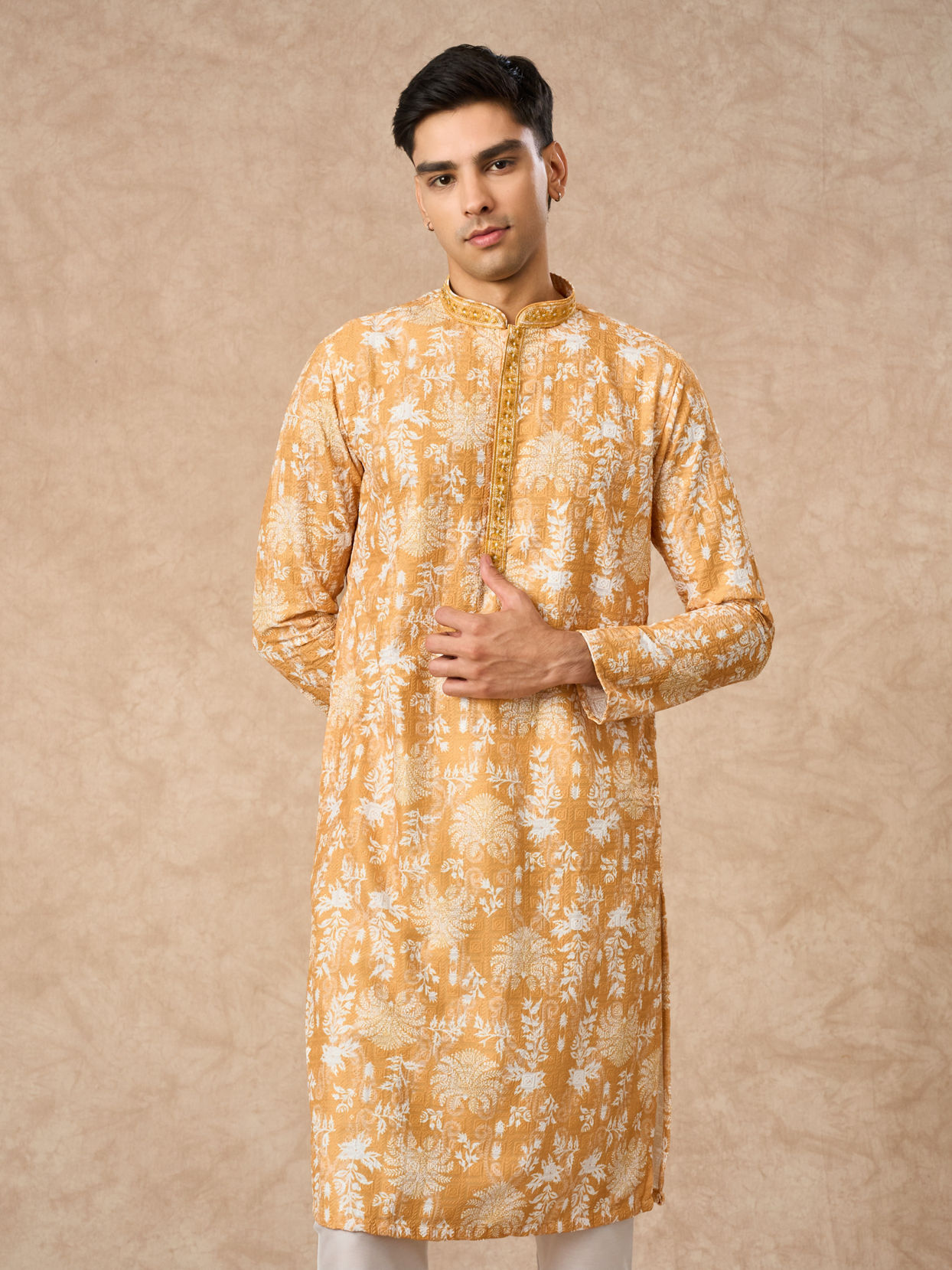 Manyavar Men Mustard Blended Cotton Kurta Pajama with Print