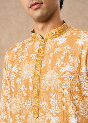 Manyavar Men Mustard Blended Cotton Kurta Pajama with Print