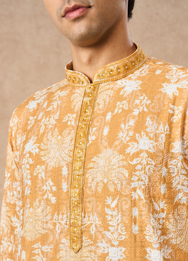Manyavar Men Mustard Blended Cotton Kurta Pajama with Print