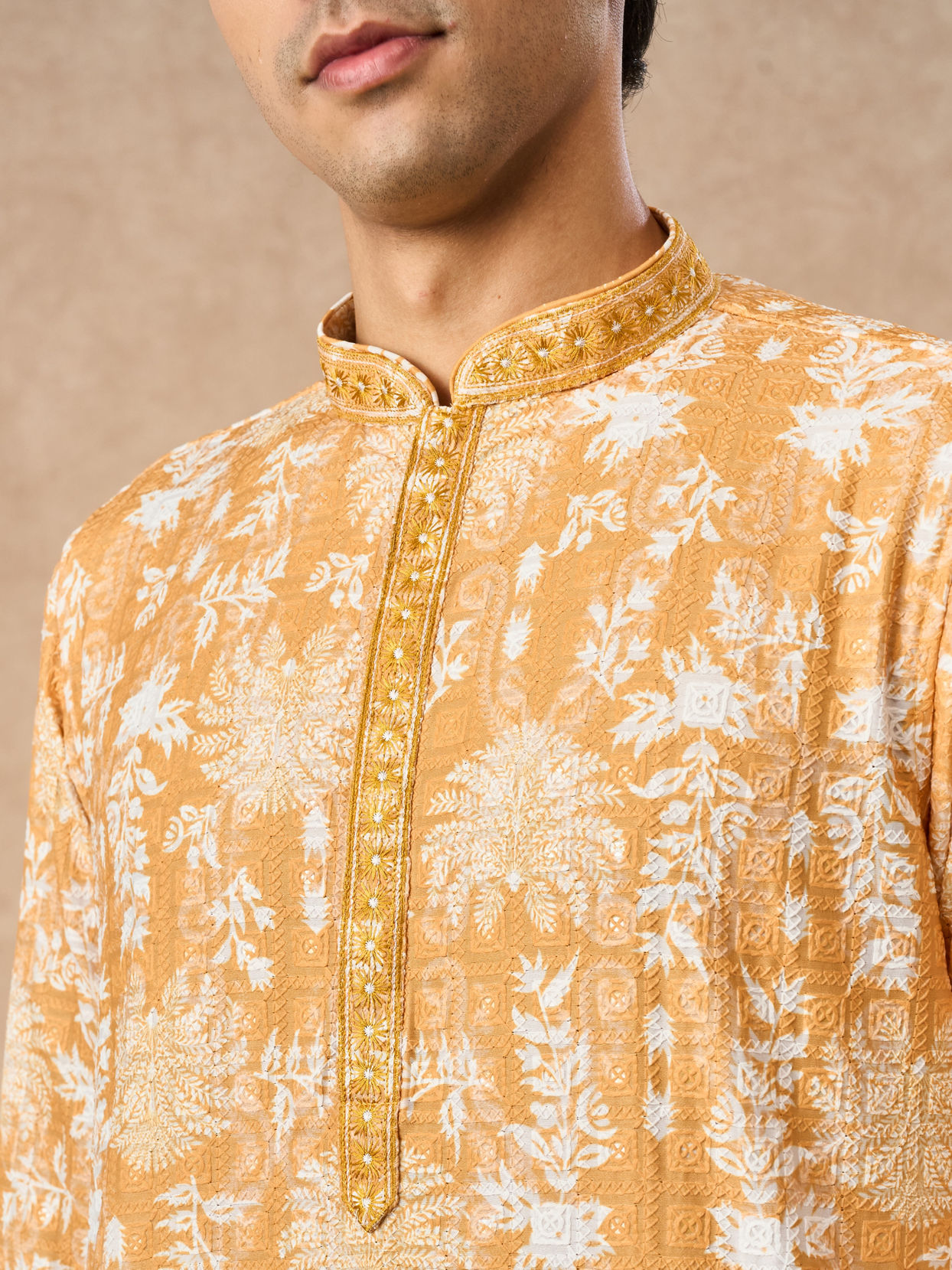 Manyavar Men Mustard Blended Cotton Kurta Pajama with Print