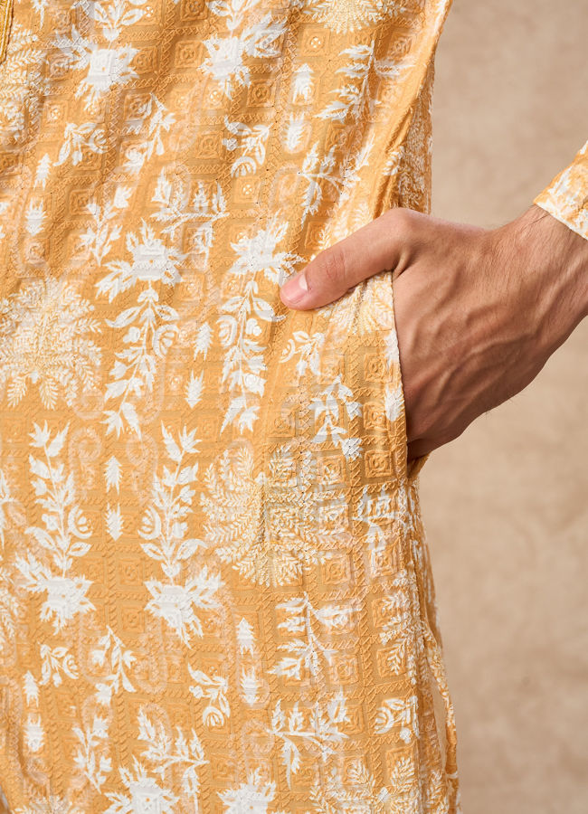 Manyavar Men Mustard Blended Cotton Kurta Pajama with Print