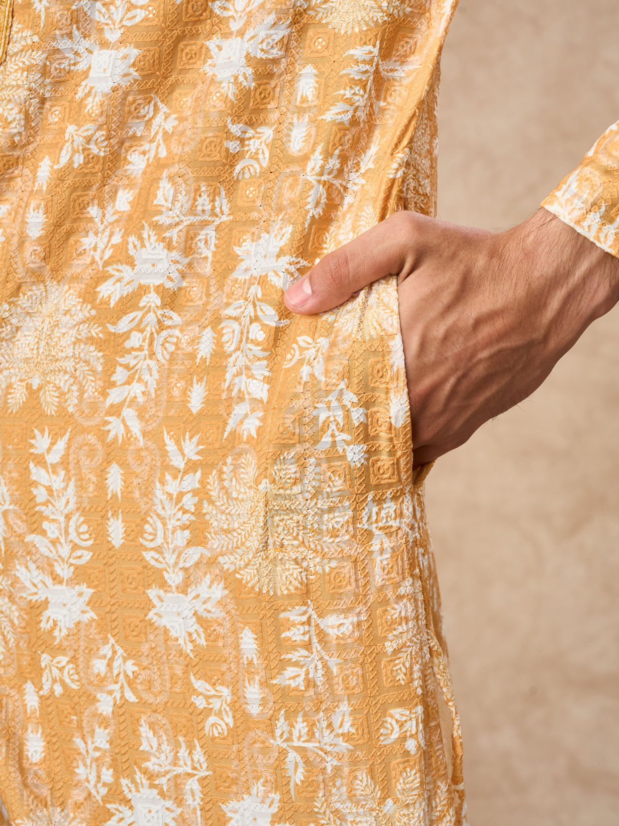 Manyavar Men Mustard Blended Cotton Kurta Pajama with Print
