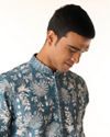 Manyavar Men Greyish Blue Blended Cotton Kurta Pajama with Printed