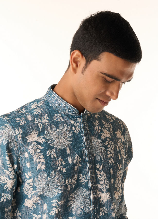 Manyavar Men Greyish Blue Blended Cotton Kurta Pajama with Printed