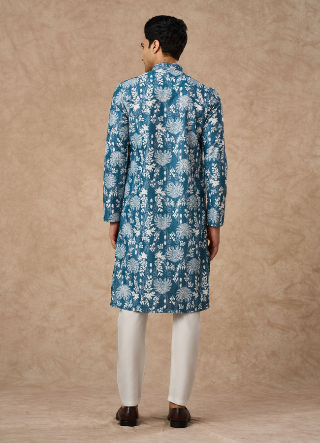 Manyavar Men Greyish Blue Blended Cotton Kurta Pajama with Printed